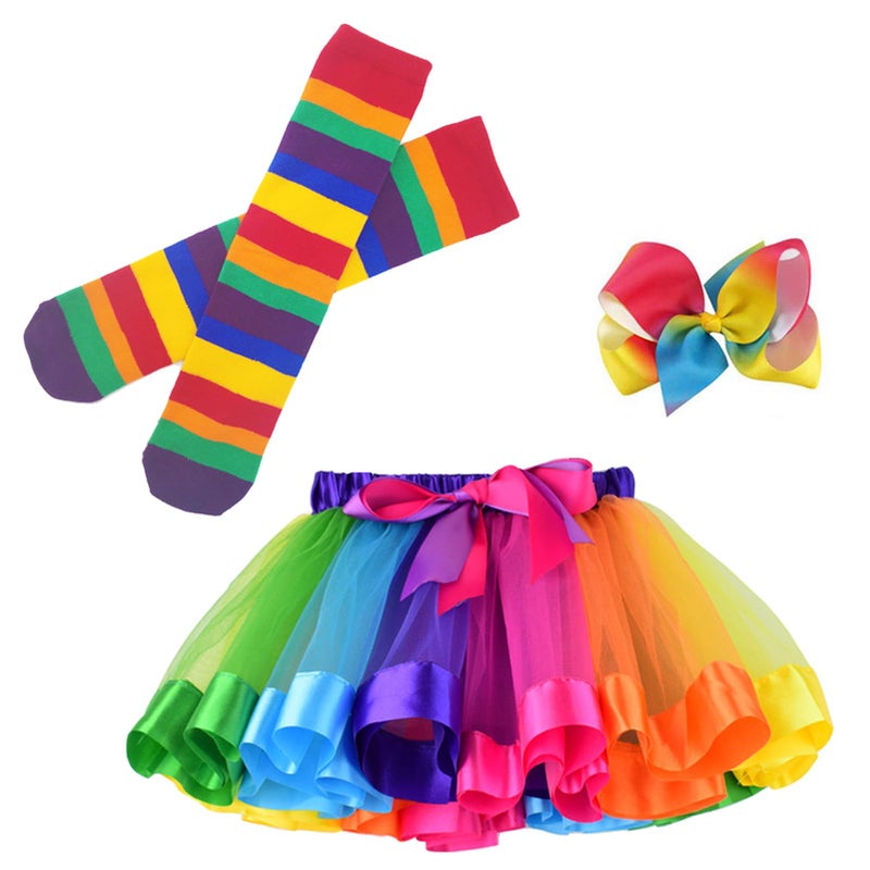 BGFKS Little Girls Tutu Outfit,Layered Ballet Tulle Rainbow Tutu Skirt with Hairbow and Long Stockings - Image 1